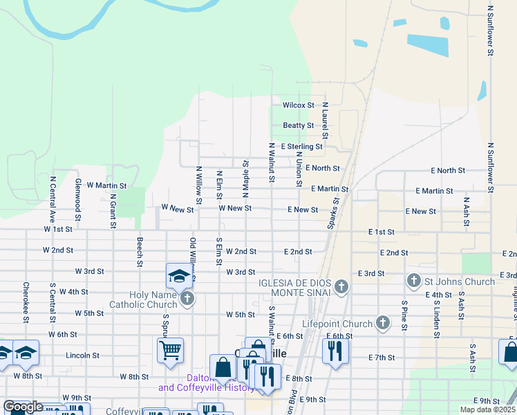 map of restaurants, bars, coffee shops, grocery stores, and more near 156 North Walnut Street in Coffeyville