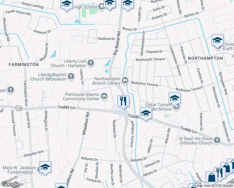 map of restaurants, bars, coffee shops, grocery stores, and more near 918 Old Big Bethel Road in Hampton