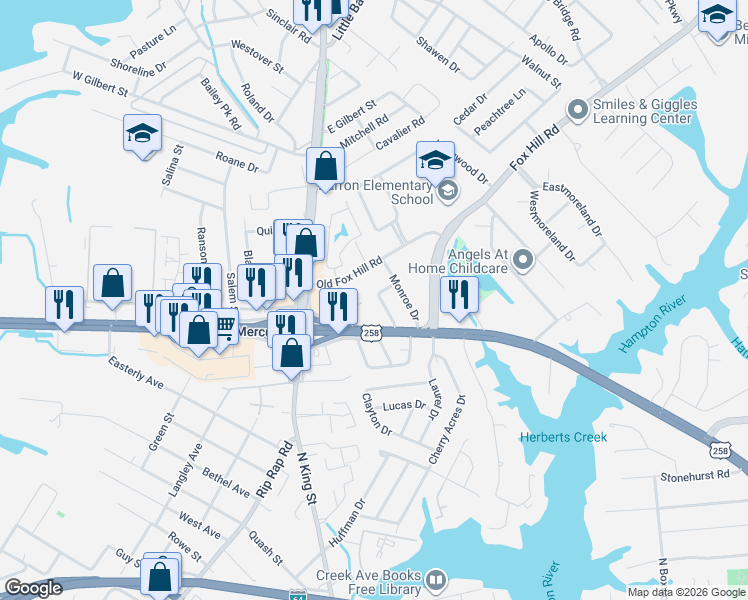 map of restaurants, bars, coffee shops, grocery stores, and more near 29 East Mercury Boulevard in Hampton
