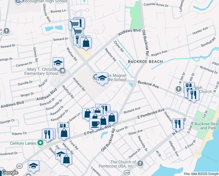 map of restaurants, bars, coffee shops, grocery stores, and more near 1805 Mehrens Court in Hampton