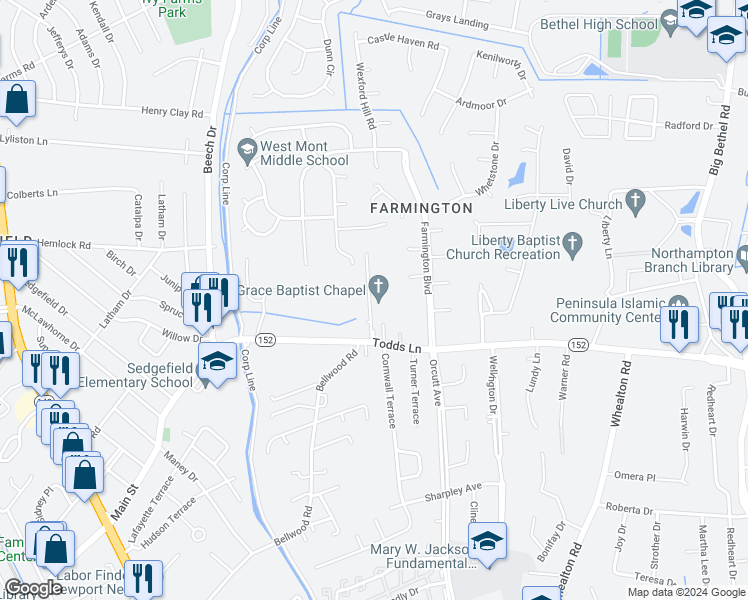 map of restaurants, bars, coffee shops, grocery stores, and more near 1 Downer Lane in Hampton