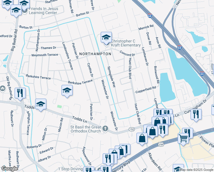 map of restaurants, bars, coffee shops, grocery stores, and more near 129 Springdale Way in Hampton
