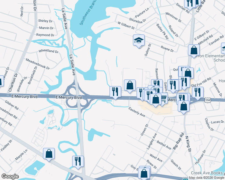 map of restaurants, bars, coffee shops, grocery stores, and more near 3 North Seldendale Drive in Hampton