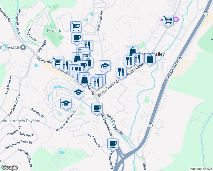 map of restaurants, bars, coffee shops, grocery stores, and more near 19 Bean Creek Road in Scotts Valley