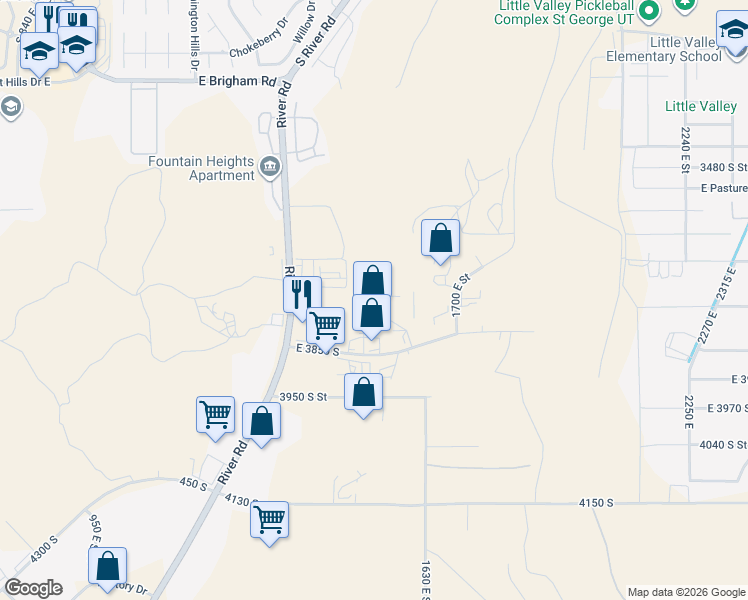 map of restaurants, bars, coffee shops, grocery stores, and more near 209 1500 East Circle in St. George