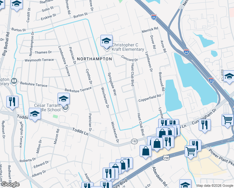 map of restaurants, bars, coffee shops, grocery stores, and more near 129 Springdale Way in Hampton
