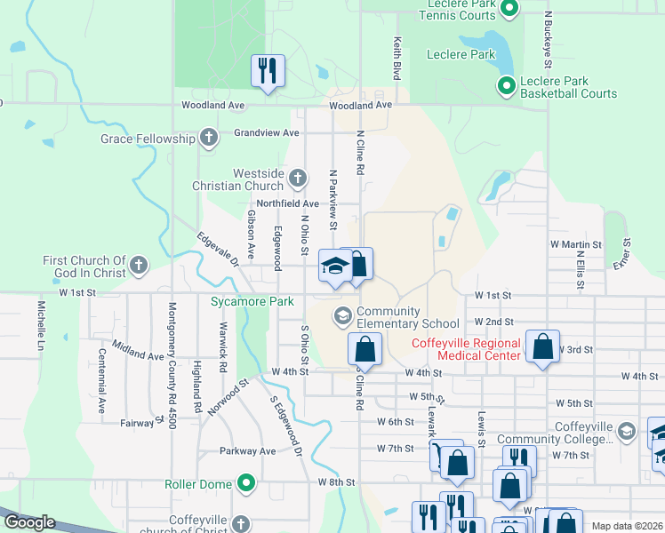 map of restaurants, bars, coffee shops, grocery stores, and more near 198 N Parkview in Coffeyville