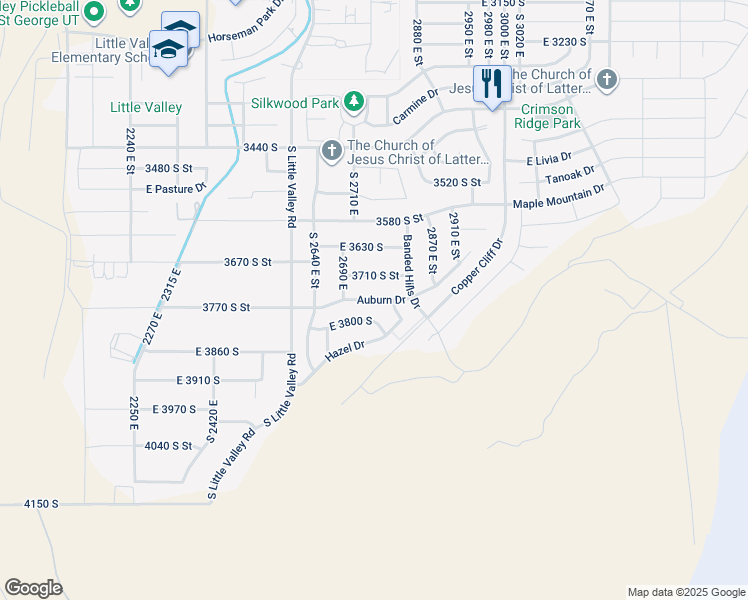 map of restaurants, bars, coffee shops, grocery stores, and more near Auburn Drive in St. George