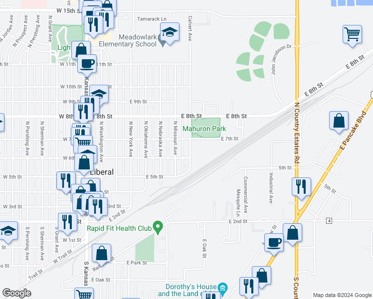 map of restaurants, bars, coffee shops, grocery stores, and more near 608 Calvert Avenue in Liberal