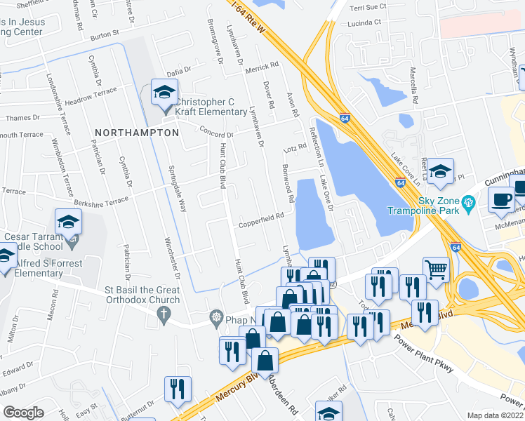 map of restaurants, bars, coffee shops, grocery stores, and more near 18 Keeton Court in Hampton