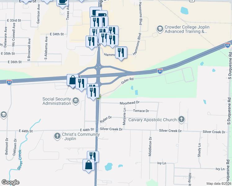 map of restaurants, bars, coffee shops, grocery stores, and more near 3001-3099 Moorhead Drive in Joplin