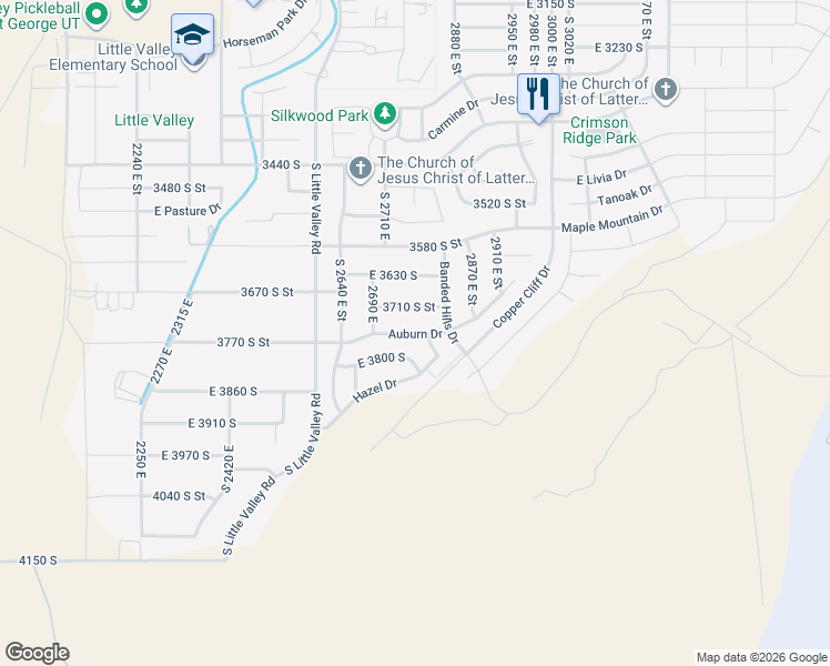 map of restaurants, bars, coffee shops, grocery stores, and more near Auburn Drive in Saint George