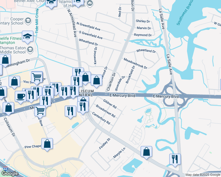 map of restaurants, bars, coffee shops, grocery stores, and more near 4 Charlton Drive in Hampton