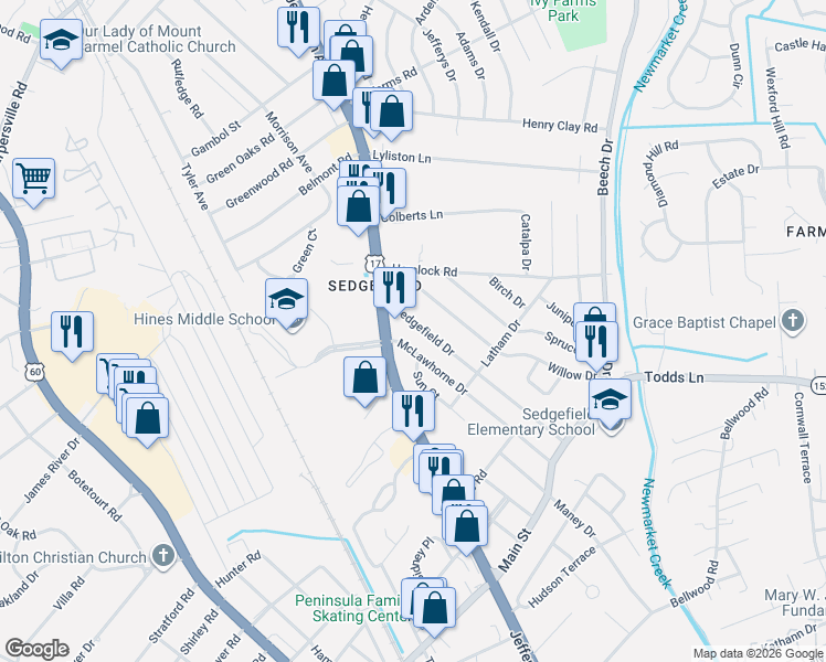 map of restaurants, bars, coffee shops, grocery stores, and more near 615 McLawhorne Drive in Newport News