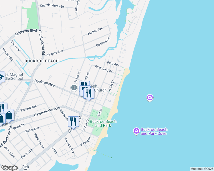 map of restaurants, bars, coffee shops, grocery stores, and more near 201 North 1st Street in Hampton
