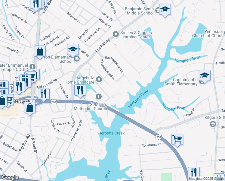 map of restaurants, bars, coffee shops, grocery stores, and more near 3 Saint Albans Drive in Hampton