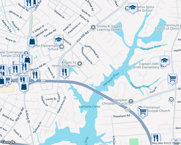 map of restaurants, bars, coffee shops, grocery stores, and more near 3 Saint Albans Drive in Hampton