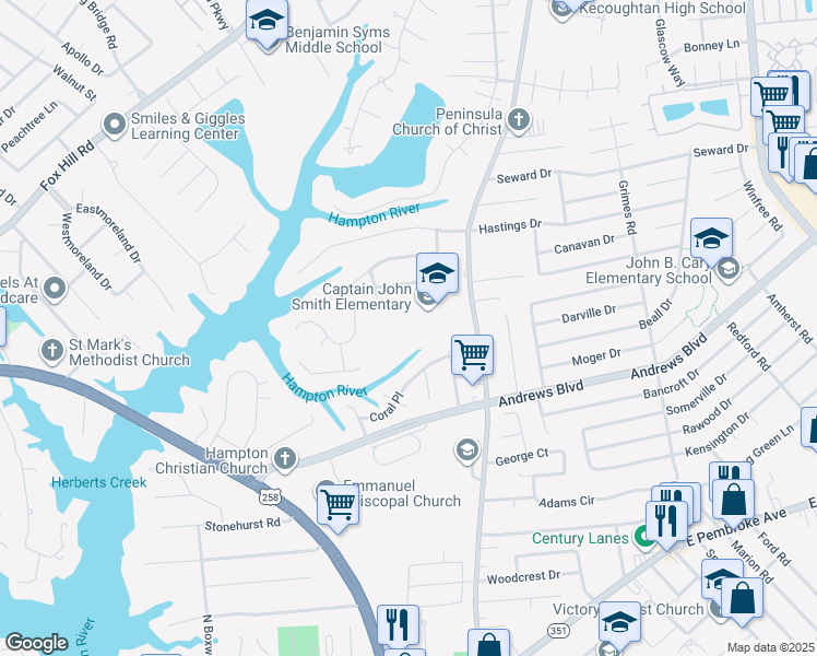 map of restaurants, bars, coffee shops, grocery stores, and more near 379 Woodland Road in Hampton