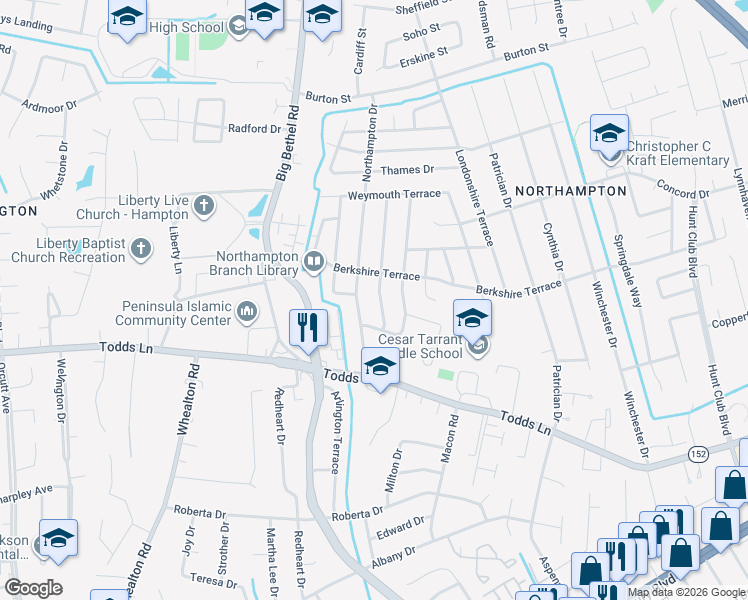 map of restaurants, bars, coffee shops, grocery stores, and more near 22 Lancaster Terrace in Hampton