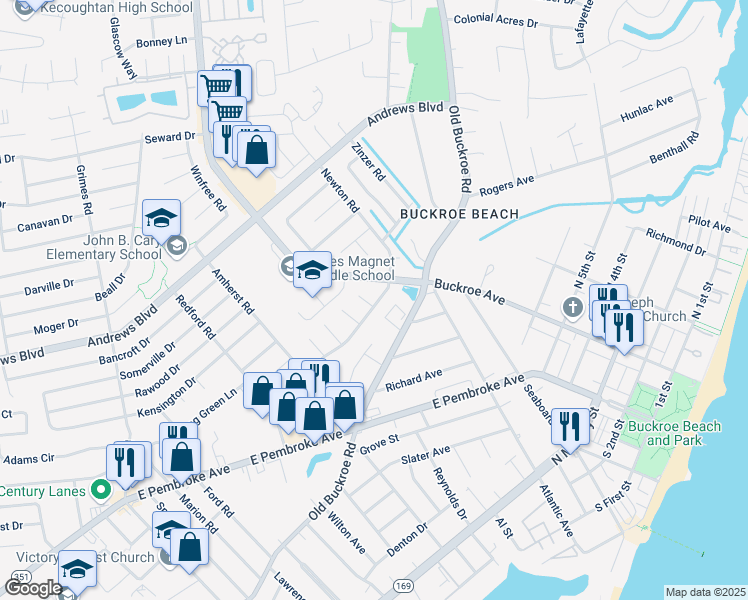 map of restaurants, bars, coffee shops, grocery stores, and more near 1788 Newton Road in Hampton