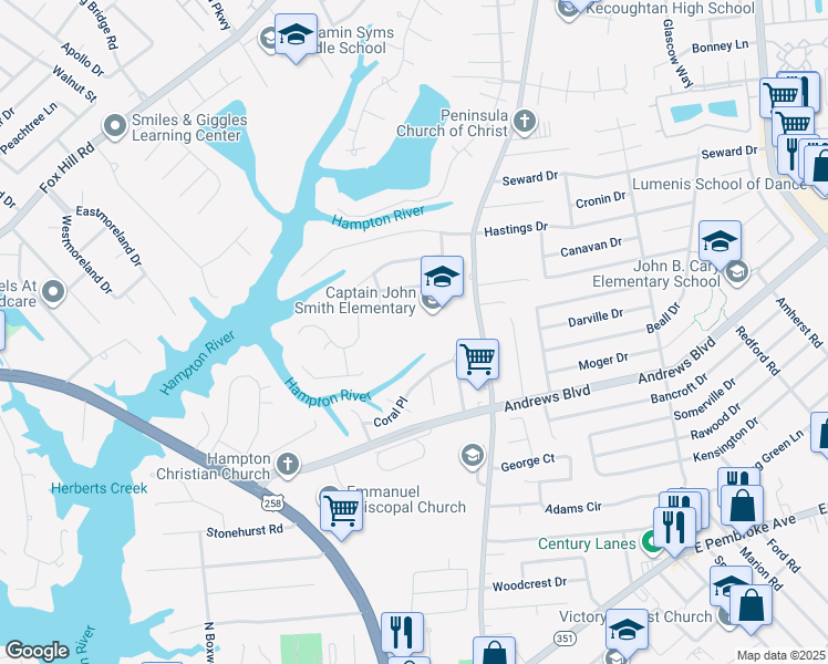 map of restaurants, bars, coffee shops, grocery stores, and more near 1349 Coral Place in Hampton