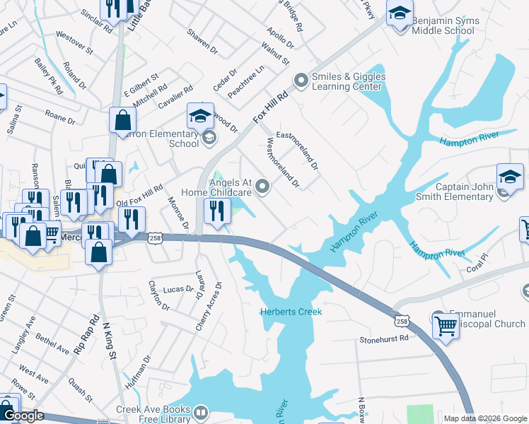 map of restaurants, bars, coffee shops, grocery stores, and more near 3 Markham Drive in Hampton
