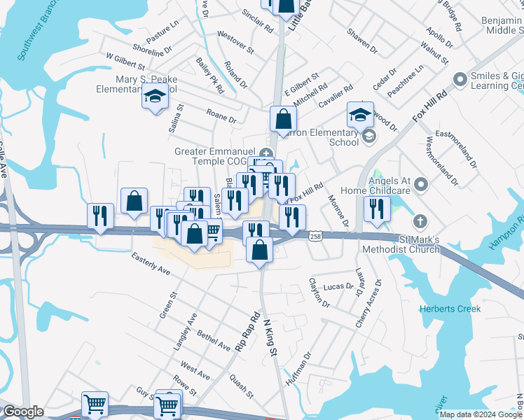 map of restaurants, bars, coffee shops, grocery stores, and more near 1093 North King Street in Hampton