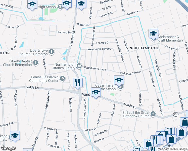 map of restaurants, bars, coffee shops, grocery stores, and more near 22 Lancaster Terrace in Hampton
