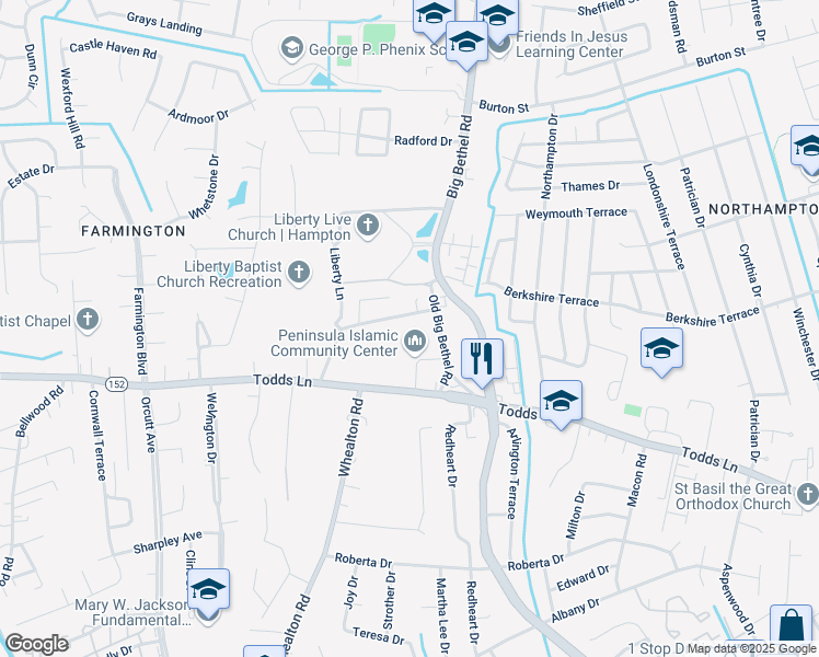 map of restaurants, bars, coffee shops, grocery stores, and more near 1217 Todds Lane in Hampton