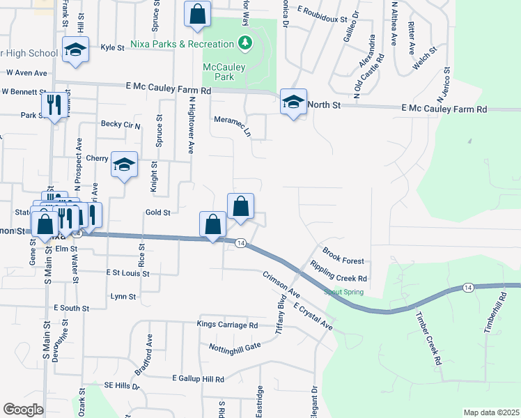 map of restaurants, bars, coffee shops, grocery stores, and more near 640 East Spring Valley Circle in Nixa