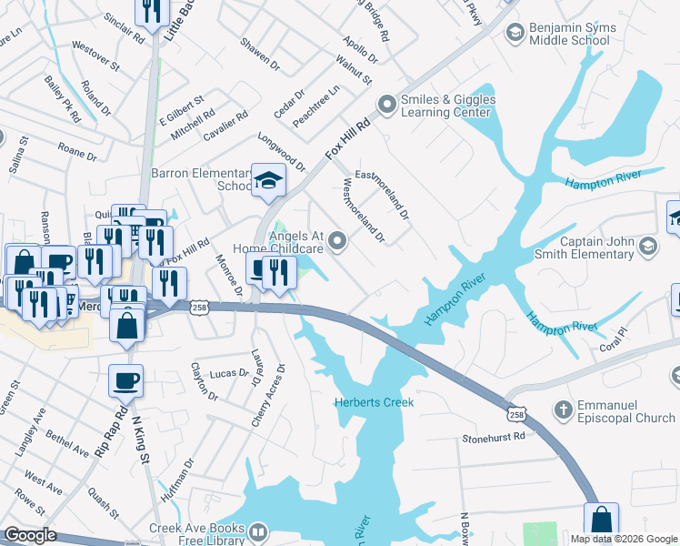 map of restaurants, bars, coffee shops, grocery stores, and more near 3 Markham Drive in Hampton