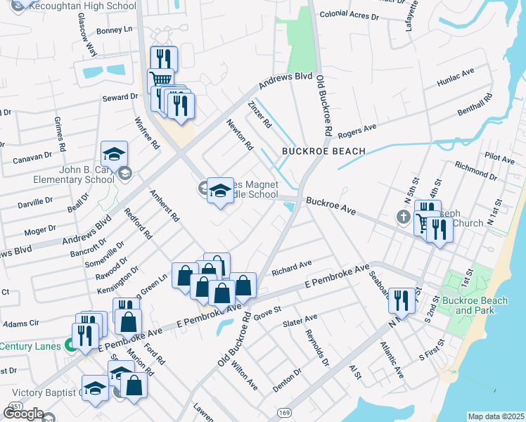 map of restaurants, bars, coffee shops, grocery stores, and more near 1788 Newton Road in Hampton