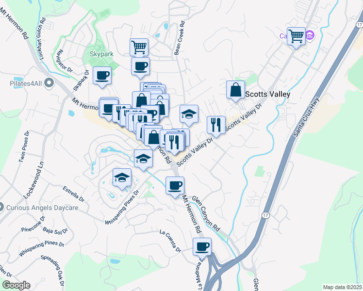 map of restaurants, bars, coffee shops, grocery stores, and more near 6 Bean Creek Road in Scotts Valley