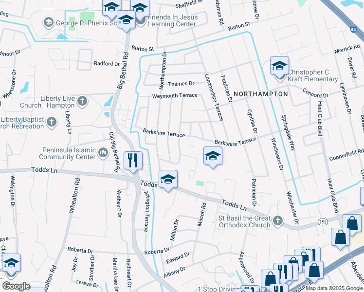 map of restaurants, bars, coffee shops, grocery stores, and more near 28 Yorkshire Terrace in Hampton