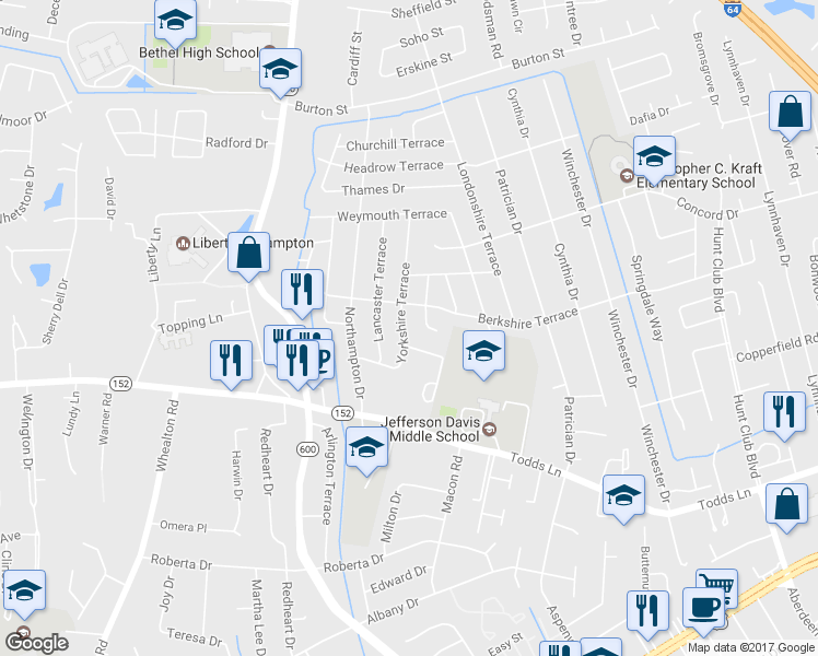 map of restaurants, bars, coffee shops, grocery stores, and more near 28 Yorkshire Terrace in Hampton