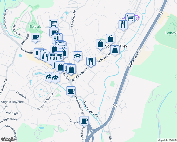map of restaurants, bars, coffee shops, grocery stores, and more near 4113 Scotts Valley Drive in Scotts Valley