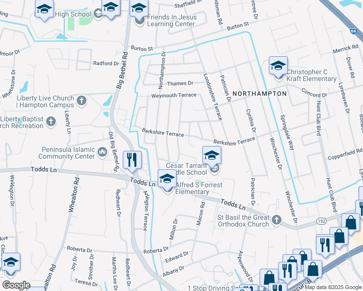 map of restaurants, bars, coffee shops, grocery stores, and more near 830 Berkshire Terrace in Hampton