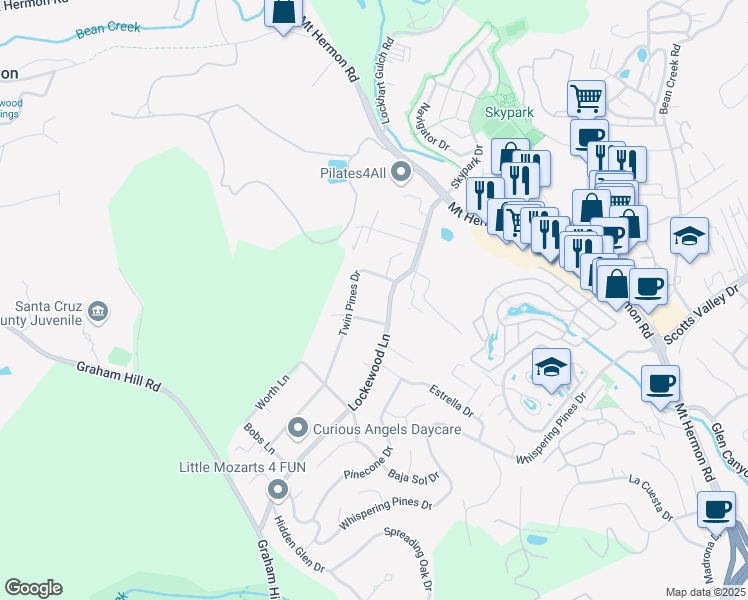 map of restaurants, bars, coffee shops, grocery stores, and more near 462 Lockewood Lane in Scotts Valley