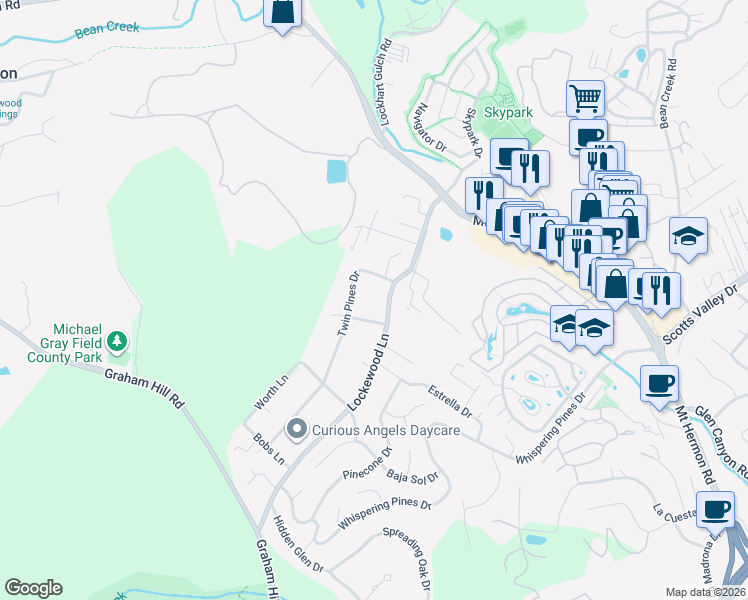 map of restaurants, bars, coffee shops, grocery stores, and more near 462 Lockewood Lane in Scotts Valley