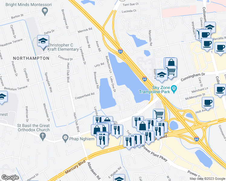 map of restaurants, bars, coffee shops, grocery stores, and more near 148 Lake One Drive in Hampton