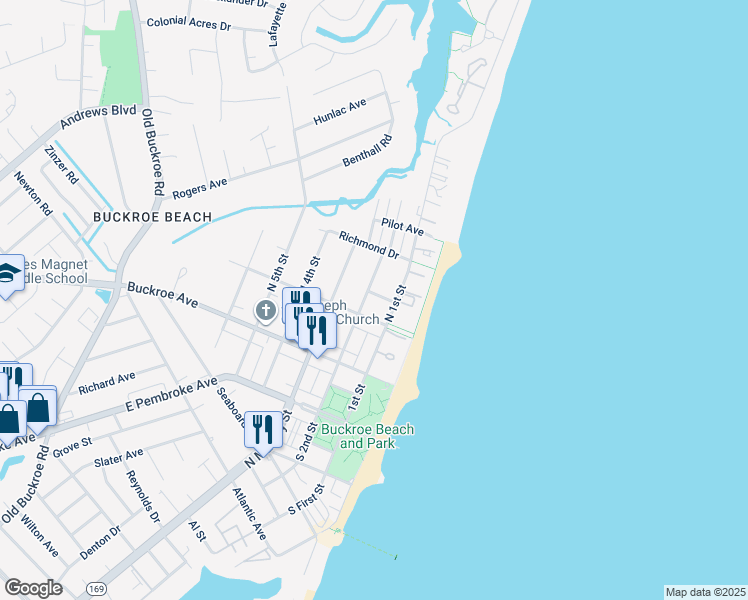 map of restaurants, bars, coffee shops, grocery stores, and more near 113 Parkview Place in Hampton