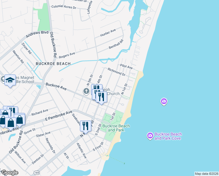 map of restaurants, bars, coffee shops, grocery stores, and more near 2112 North Mallory Street in Hampton