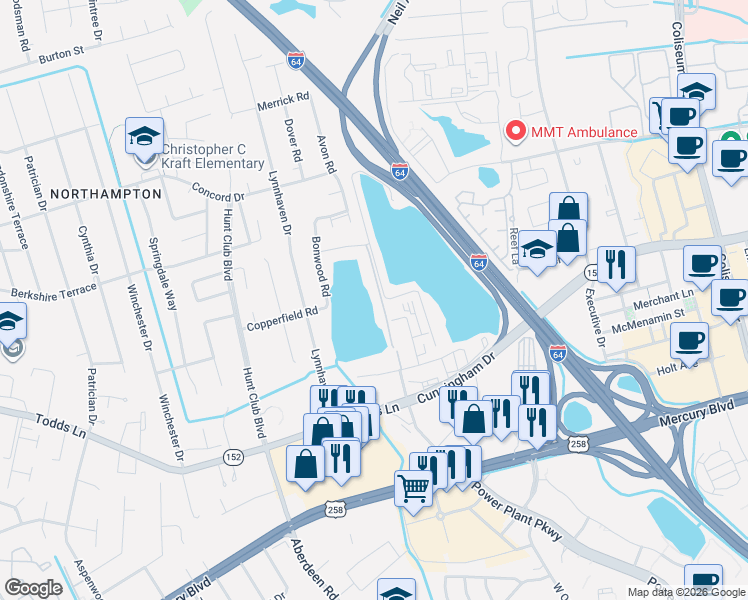 map of restaurants, bars, coffee shops, grocery stores, and more near 132 Lake One Drive in Hampton