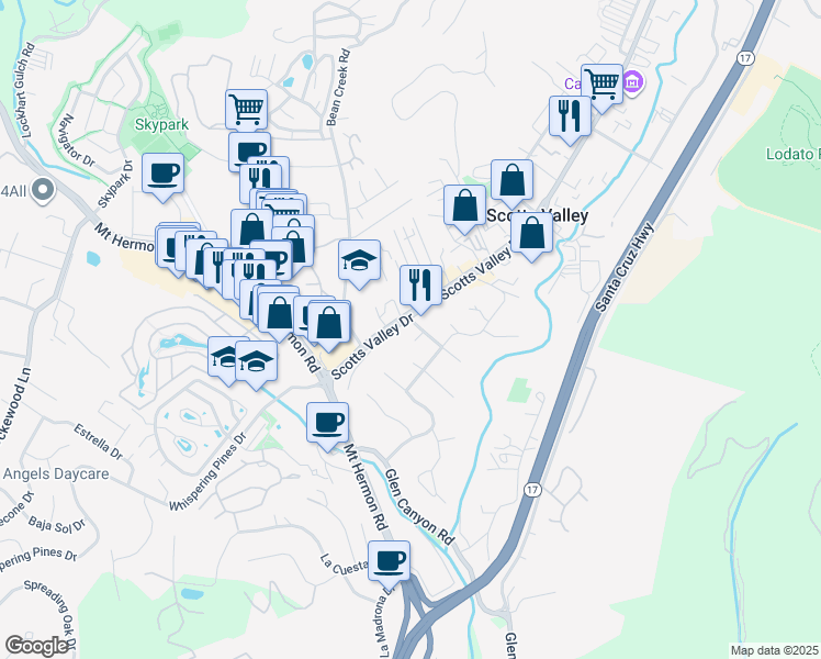 map of restaurants, bars, coffee shops, grocery stores, and more near 4113 Scotts Valley Drive in Scotts Valley