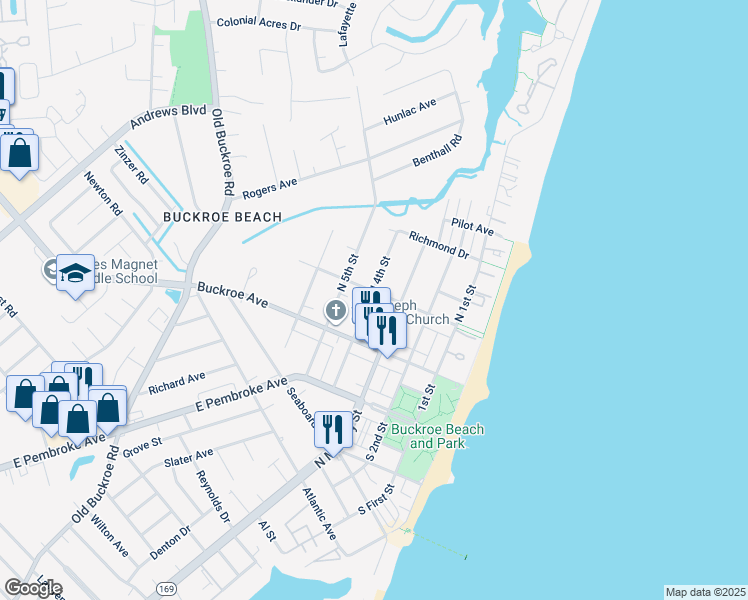 map of restaurants, bars, coffee shops, grocery stores, and more near 319 Tappan Avenue in Hampton