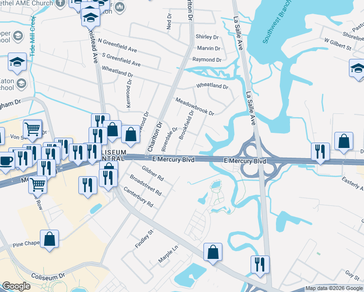 map of restaurants, bars, coffee shops, grocery stores, and more near 11 Brookfield Drive in Hampton