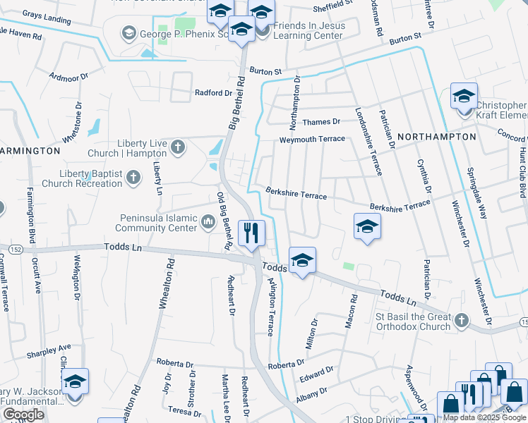 map of restaurants, bars, coffee shops, grocery stores, and more near 33 Leicester Terrace in Hampton