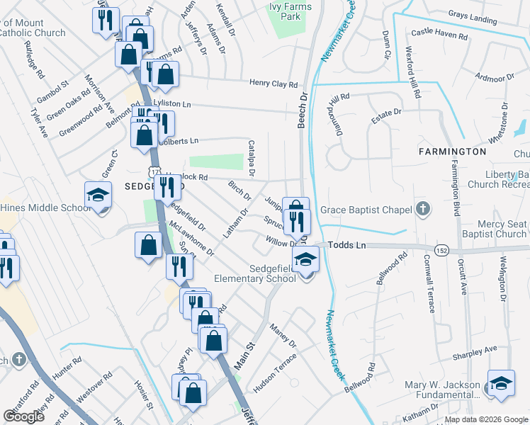 map of restaurants, bars, coffee shops, grocery stores, and more near 702 Juniper Drive in Newport News