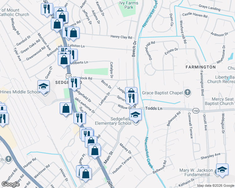 map of restaurants, bars, coffee shops, grocery stores, and more near 702 Juniper Drive in Newport News