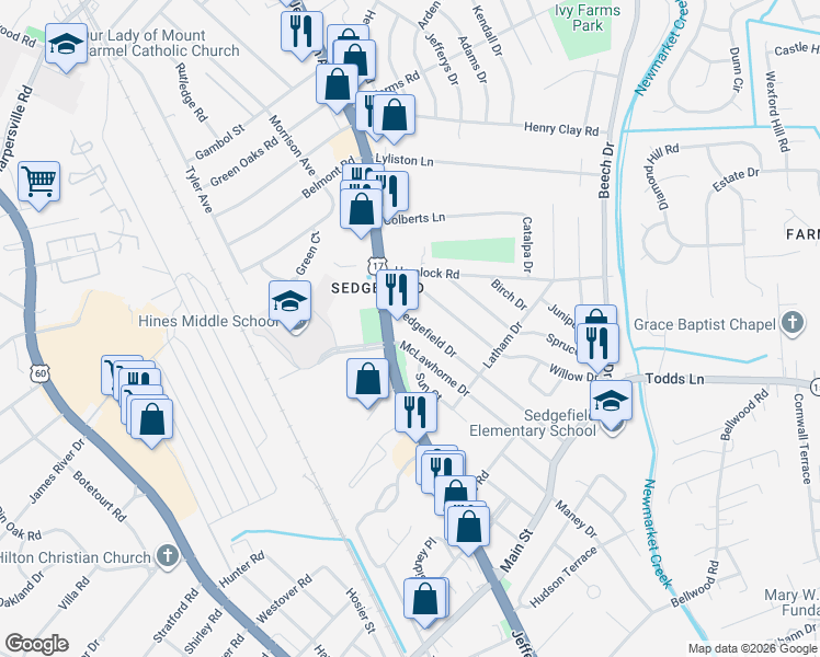 map of restaurants, bars, coffee shops, grocery stores, and more near 604 Willow Drive in Newport News